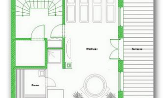 A floor plan of a basement. It shows a wellness area, a sauna, and a terrace.