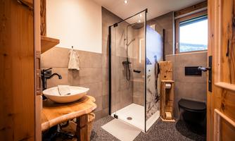 A modern bathroom with a walk-in shower and wooden shelves. The room is bright and welcoming.