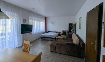 A bright room with a bed, a sofa, and a television. Large windows let in plenty of daylight.
