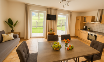 A bright apartment with modern interior and a large dining table. The windows offer a beautiful view of the green landscape.