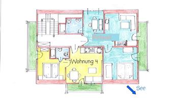 A colored sketch of an apartment floor plan with several rooms. The area "Apartment 4" is highlighted in yellow, and there is a guide to the lake.