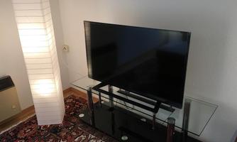 A living room with a large flat-screen TV on a glass table. Next to the TV stands a modern floor lamp, and a rug lies on the floor.