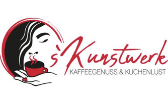 Ein stilisiertes Logo mit einer Frau, die eine Tasse Kaffee hält. Darunter steht der Schriftzug "s'Kunstwerk" sowie "Kaffeegenuss & Kuchenlust".