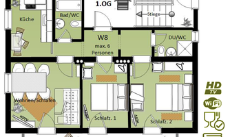 A floor plan sketch of an apartment with two bedrooms, a living area, and a kitchen. The apartment accommodates up to six people and is equipped with modern amenities.