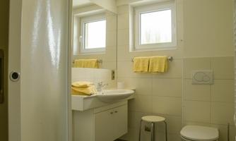 A modern bathroom with a bright design. It includes a sink, a shower, and windows that allow natural light in.