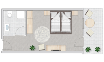 A simple layout with a bedroom, bathroom, and living area. The space is modern and brightly furnished, with plants and comfortable furniture.