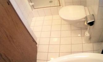 A small bathroom with a shower, toilet, and a washbasin. The walls are tiled and the amenities are simple and functional.