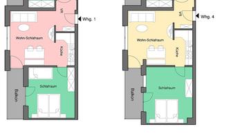 The illustration shows floor plans of two apartments. Apartment 1 and Apartment 4 are arranged side by side, with different layouts and functions.