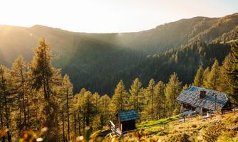 A picturesque mountain landscape with rays of light shining through the trees. In the foreground, there is a rustic cabin surrounded by fir trees.