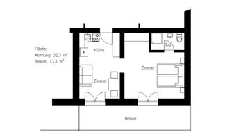 A simple floor plan drawing of an apartment. The living area is 92.3 m² and includes a kitchen, bathroom, two rooms, and a balcony.