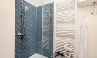 A modern shower cubicle with blue tiles and glass partition. Next to the shower is a towel holder and a small table decoration.