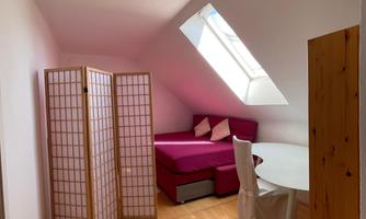 A cozy room with a double sofa bed and a table. A privacy screen and a skylight provide light and privacy.