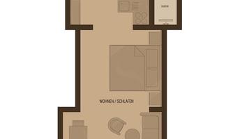 A floor plan of an apartment with 29 m². It shows a living area, a bedroom, a bathroom, and a balcony.