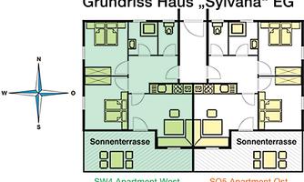 The floor plan of the house "Sylvana" on the ground floor shows two apartments with a living room, bedroom, and terrace. The cardinal directions are also indicated.