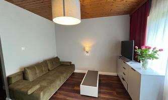 A modern living room view with a beige sofa, a television, and a decorative flower vase. The room has wooden flooring and a warm atmosphere thanks to the ceiling lamp and the red curtain.