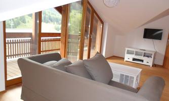 A cozy living room with a gray sofa and large windows that offer a view of the mountains. The room has hardwood flooring and modern furniture.