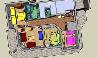 A floor plan of an apartment with several rooms. The design shows a living room, bedroom, and a kitchen.