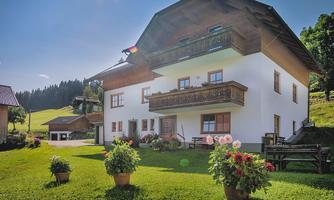 A charming house with wooden cladding in a picturesque landscape. The garden is green and adorned with colorful flowers.