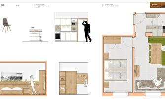 An architectural drawing of a modern apartment with room layouts. The layout shows furniture arrangements and different perspectives of the space.