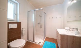 A modern bathroom with a shower, toilet, and sink. The floor is tiled in brown and a blue carpet adds a splash of color.