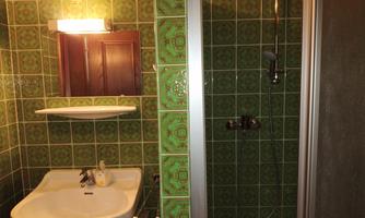 A bathroom with green tiles, a sink, and a shower cubicle. The walls are adorned with a decorative tile pattern.
