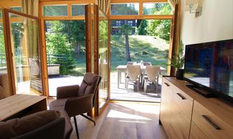 A bright living room with large windows overlooking a green garden. Modernly furnished furniture and a television are visible.