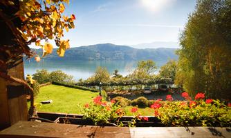 A picturesque view of a lake and mountains in the background. Colorful flowers bloom in the foreground, and the sunlight shines warmly.