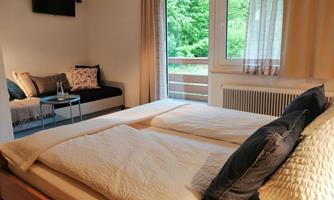 A cozy bedroom with a large bed and a small seating area. Large windows offer a view of the green nature outside.