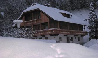 A large wooden house in the snow, surrounded by snowy trees. The sky is clear and the entire area is wintry and calm.