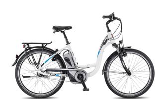 A modern e-bike in white with blue accents. It has a low step-through and a sturdy luggage rack.