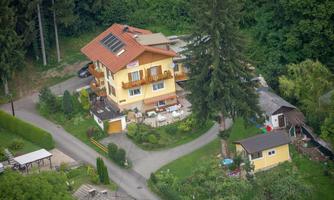 A beautiful yellow house surrounded by trees. The garden is well-maintained and there is a driveway with a parking space.