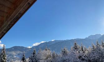 A snowy winter landscape with high mountains in the background. The sky is clear and blue, and the trees are covered with snow.