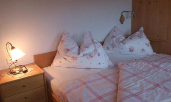 A cozy bedroom with a double bed and decorative pillows. Next to the bed is a nightstand with a lamp and a book.