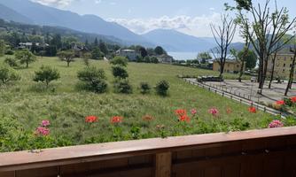 A picturesque view from the balcony with blooming flowers in the foreground. In the background, green meadows and the water of the lake stretch out, surrounded by mountains.