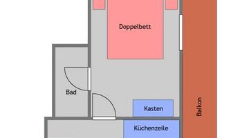 Floor plan of a holiday apartment with a double room, bathroom, and kitchen. The balcony is marked on the right side.