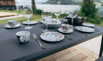 A beautiful table set with dishes and glasses, surrounded by nature. A lake and trees are visible in the background.