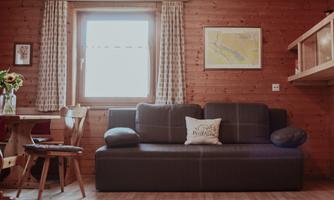 A cozy living room with a gray sofa and a wooden log. The room features a window kitchen and a relaxed atmosphere.