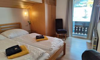A cozy bedroom with two single beds. The window offers a view of the mountains and daylight streams in.
