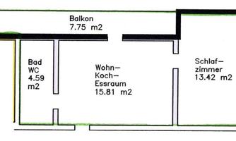 A simple floor plan drawing of an apartment. It shows the rooms living room, bedroom, bathroom, and a balcony.