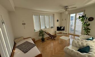 A bright living room with a light parquet floor. There is a large window, a cozy couch, and a plant in the corner.