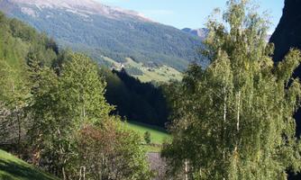 A picturesque landscape with green trees and gentle hills. In the background, mountains are visible under a blue sky.