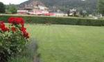 A green meadow with rose-covered flower beds and gentle hills in the background. In the background, a building and other landscape elements are visible.