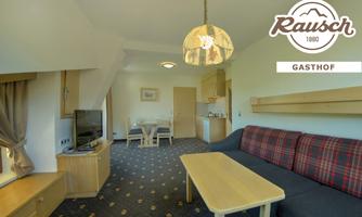 A cozy room with a seating area and a table. There is a television and a small kitchenette, ideal for a pleasant stay.