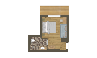 A floor plan of a room with a bed, a sofa, and a bathroom. The room has wooden and tiled flooring as well as modern furniture.