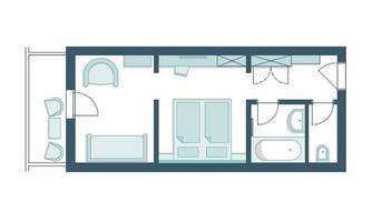 A floor plan of a living space with a bedroom, a bathroom, and an open living area. The furniture is arranged simply and modernly.