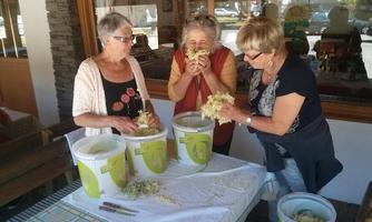 Three women are working together at a table, sorting plants. They seem to be interested in a creative project.
