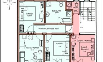 A floor plan drawing of a Type B holiday apartment with an area of approximately 52 m² on the upper floor. The apartment includes several bedrooms, a bathroom, a kitchen, and a living area.
