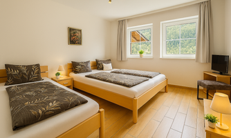 A bright bedroom with two single beds and windows overlooking a green landscape. There is a cozy atmosphere with warm wooden details and a small seating area.