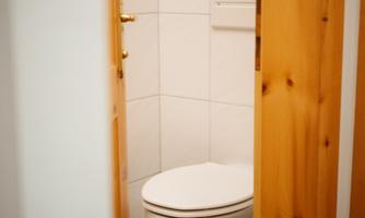 A small bathroom with a white toilet seat. The walls are tiled and a wooden frame door provides access.