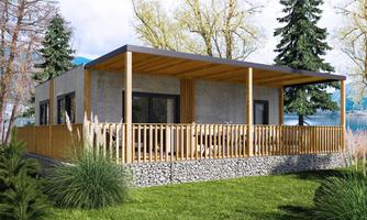 A modern house with a wooden porch and large windows. Surrounded by trees and green countryside.